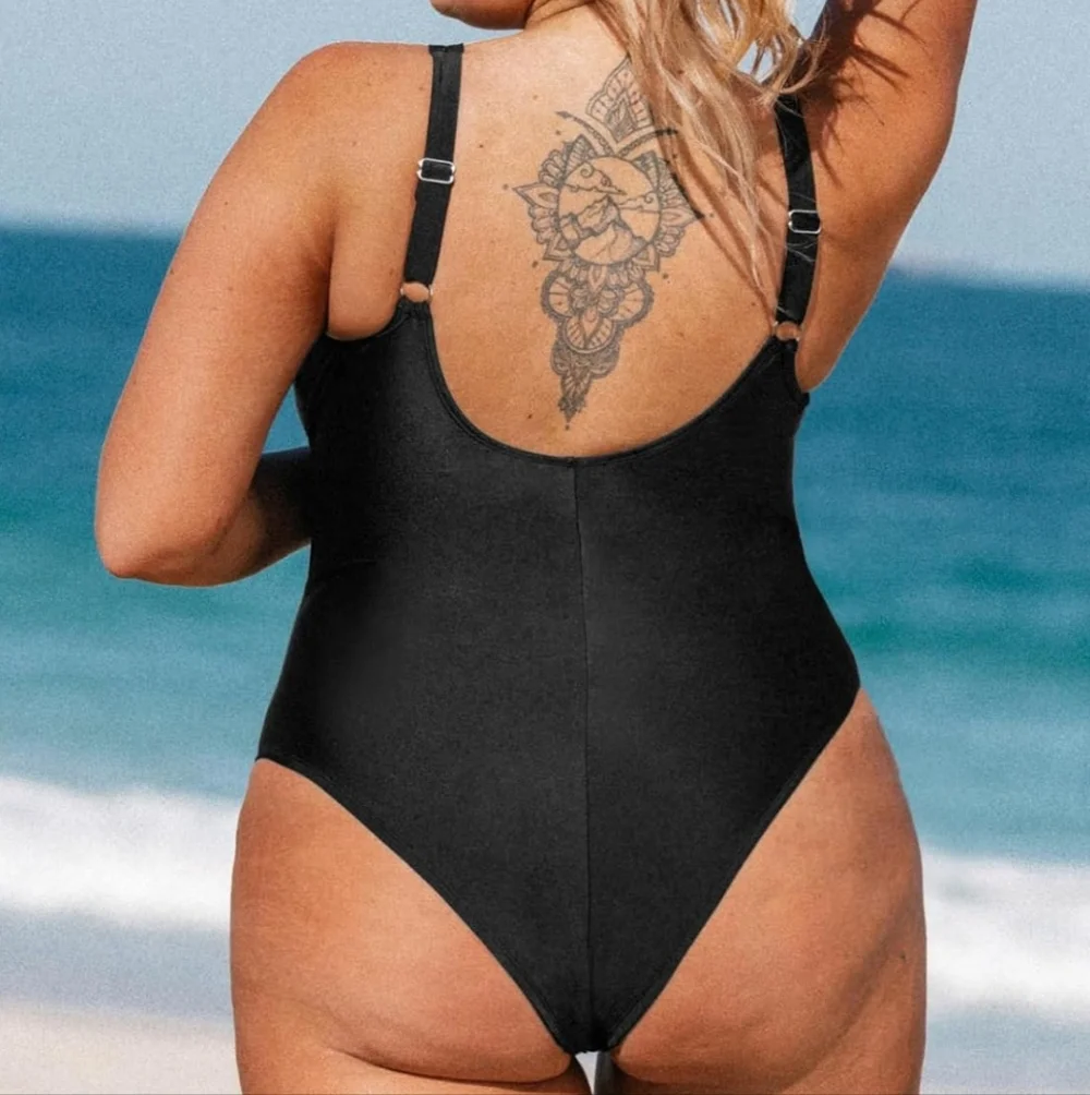 Low Cut Black One Piece Bathing Suit With Mesh - Picture 2 of 8